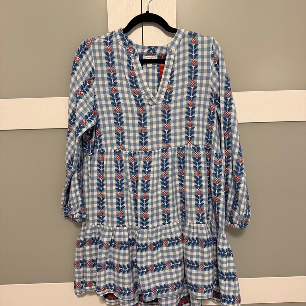 Mud Pie Blue Gingham Embroidered Tiered Tunic Dress Womens Small Boho Peasant